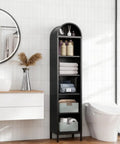 73 Inch Tall Arched Metal Bookshelf With 5 Shelves Heavy Duty Steel Construction in bathroom setting