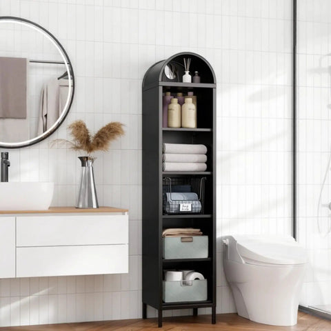 73 Inch Tall Arched Metal Bookshelf With 5 Shelves Heavy Duty Steel Construction in bathroom setting