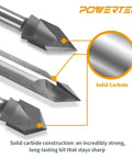 Close-up of Kickass V Groove Router Bits Set With Quarter Inch Shanks, showcasing solid carbide tips designed for precision woodworking.
