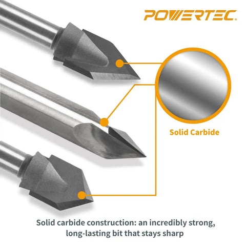 Close-up of Kickass V Groove Router Bits Set With Quarter Inch Shanks, showcasing solid carbide tips designed for precision woodworking.