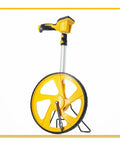 Heavy Duty Digital Measuring Wheel For Yard And Job Sites Folding Telescopic Handle With Backlit Screen and Carry Pouch Measures Up To 100K Feet front view of measuring wheel with large yellow wheel