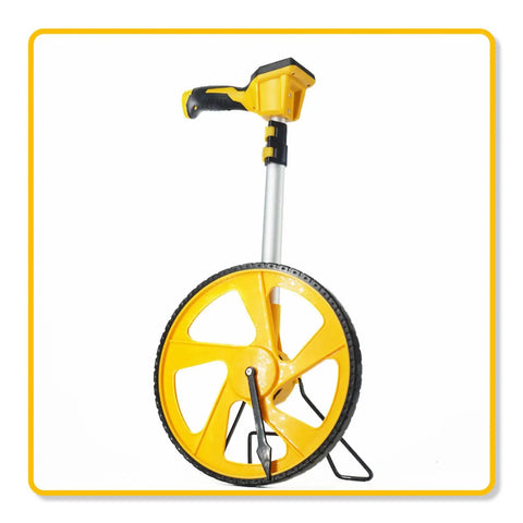 Heavy Duty Digital Measuring Wheel For Yard And Job Sites Folding Telescopic Handle With Backlit Screen and Carry Pouch Measures Up To 100K Feet front view of measuring wheel with large yellow wheel