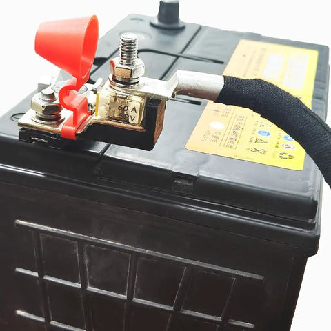 Close-up of Dead Solid 60 Amp Car Marine Battery Terminal Fuses with red cap, showcasing waterproof design on battery.