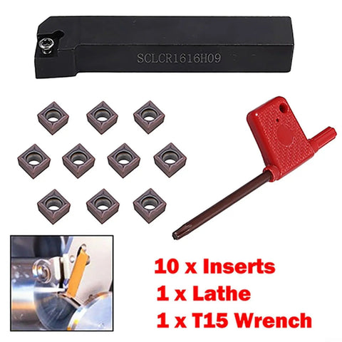 Lathe Boring Bar Tool Holder SCLCR1616H09 16x100mm with 10 CCMT09T304 carbide inserts and wrench for external turning