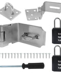 2 Pack 4 Inch 90 Degree Stainless Steel Hasp Latch Set For Barn Doors Closets And Cabinets Durable 304 Stainless Steel Includes 2 Hasps 2 Combination Locks 18 Screws And Screwdriver