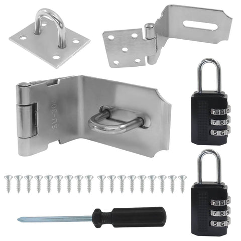 2 Pack 4 Inch 90 Degree Stainless Steel Hasp Latch Set For Barn Doors Closets And Cabinets Durable 304 Stainless Steel Includes 2 Hasps 2 Combination Locks 18 Screws And Screwdriver