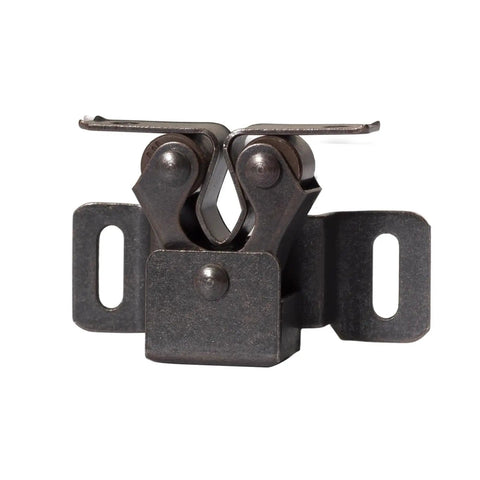 Antique Copper Cabinet Door Roller Catches With Double Latches, Striker And Mounting Screws, front view for cabinets and furniture