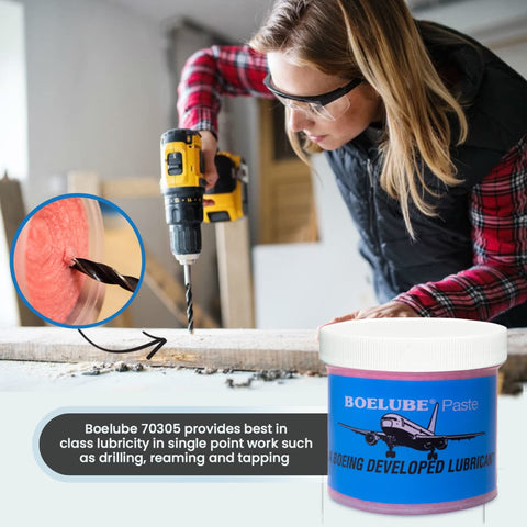 Woman drilling with High-Performance Synthetic Lubricant Paste for MQL Applications, Industrial Pink Multi-Use Lubricant tub in view