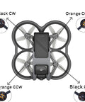Top view of Avata 1 drone with labeled Black CW and Orange CCW motors, Brushless CW Drone Motor Replacement for DJI Drone 1 visible.