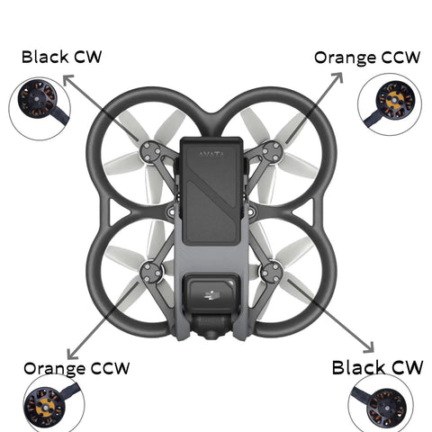 Top view of Avata 1 drone with labeled Black CW and Orange CCW motors, Brushless CW Drone Motor Replacement for DJI Drone 1 visible.