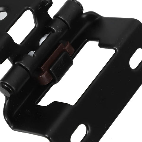 Close-up of black hinge from Self Closing Half Inch Semi Concealed Steel Cabinet Door Hinges Black Finish 2 Pack Boss Grade Auto Close.