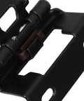 Close-up of black heavy duty self closing cabinet door hinge, semi concealed overlay, built to last with smooth quiet spring action.