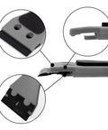 Close-up of Two Pack Plastic Razor Scraper With Six Inch Long Grey Handle and blade details for adhesive removal on surfaces.