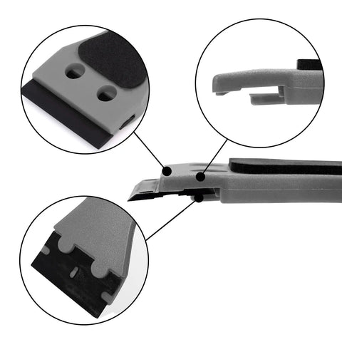 Close-up of Two Pack Plastic Razor Scraper With Six Inch Long Grey Handle and blade details for adhesive removal on surfaces.
