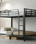 Straight Up Heavy Duty Twin XL Over Twin XL Metal Bunk Bed Built Tough With Secure Guardrails And Industrial Grade Steel For Adults Teens Or Kids Zero Creaking Black Frame Needs No Box Spring with white and beige bedding.