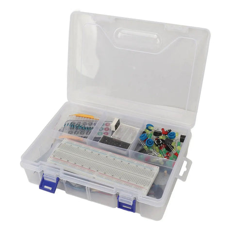 Electronic Components Starter Kit With Basic Repair Tools And Stepper Motor Servo For R3 Projects Packed With Wireless Communication Modules And Identity Authentication Features For Quick Hands On Learning. Clear plastic case with breadboard, resistors, LEDs, and modules