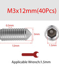 Killer Grade M3 X 12mm Cone Point Set Screws with dimensions, 40 Pcs hex drive stainless steel fasteners.
