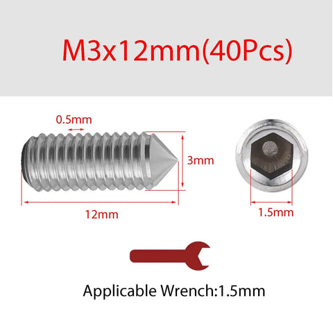 Killer Grade M3 X 12mm Cone Point Set Screws with dimensions, 40 Pcs hex drive stainless steel fasteners.
