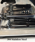Portafilter 54mm double-spout with black ABS handle; stainless steel body, side view