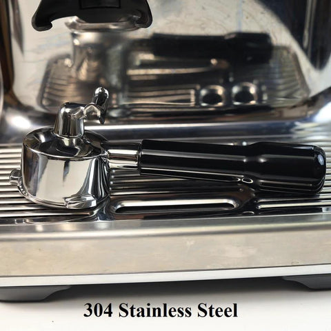 Portafilter 54mm double-spout with black ABS handle; stainless steel body, side view