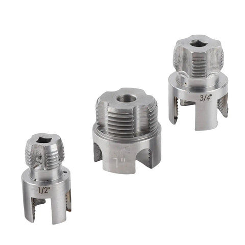Heavy Duty Electric Drill Pipe Threader With 1/4 Inch Hex Shank for Internal and External Threading, three sizes shown.