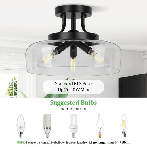 Black Semi Flush Mount Ceiling Light With Clear Glass Shade, 3-Bulb Fixture for Kitchen Bedroom Living Room Hallway and Porch