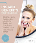 Woman smiling in mirror with benefits of Blue Blackhead Remover Facial Cleanser Vacuum With Five Suction Levels listed on the side