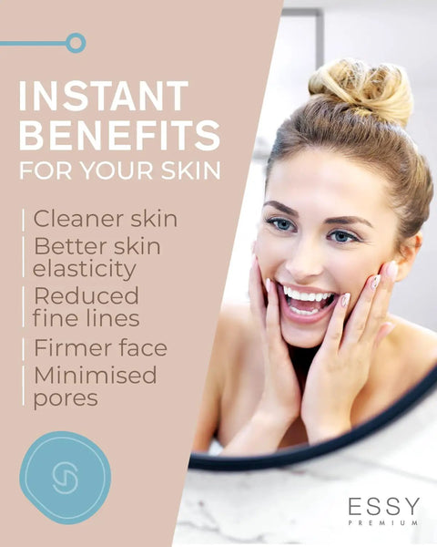 Woman smiling in mirror with benefits of Blue Blackhead Remover Facial Cleanser Vacuum With Five Suction Levels listed on the side
