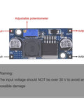 4A DC-DC Boost Converter Module With XL6009 High Frequency Step Up Regulator, showing inputs, outputs, and adjustable potentiometer.
