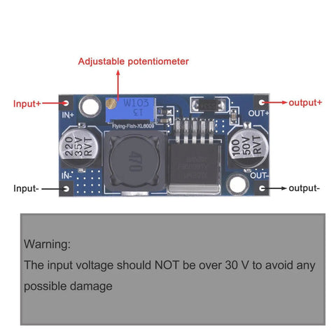 4A DC-DC Boost Converter Module With XL6009 High Frequency Step Up Regulator, showing inputs, outputs, and adjustable potentiometer.