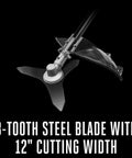 3-tooth steel blade of 12 Inch Brush Cutter Attachment For 56V Multi Head System With 3 Tooth Steel Blade Clears Thick Brush And Saplings Up To One Inch 6000 RPM Carbon Fiber Shaft Heavy Duty Build For Quick Yard Clearouts