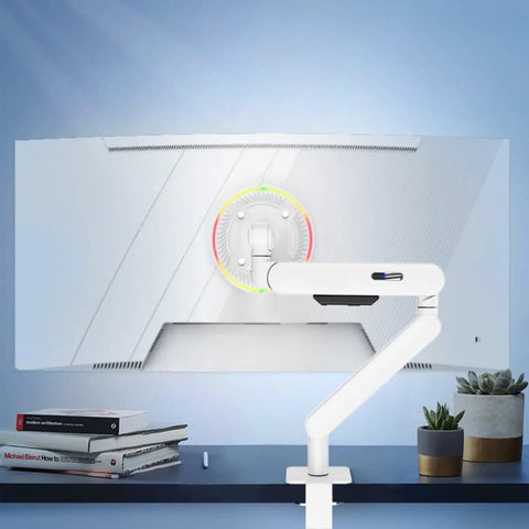 Hella Sturdy Articulating Monitor Mount With Smooth Slide Mechanical Arm For Desk Setup and Sick Posture Relief, shown with a large screen.