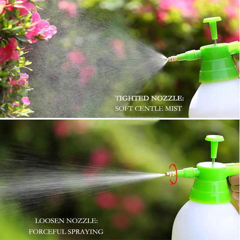 68oz Portable Garden Pump Sprayer For Yard And Lawn Care, Adjustable Brass Nozzle demonstrating mist and spray settings.