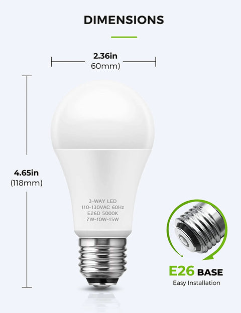Three Way LED Light Bulbs 50 100 150W Equivalent, Daylight White 5000K A19 LED Bulbs With E26 Base showing dimensions