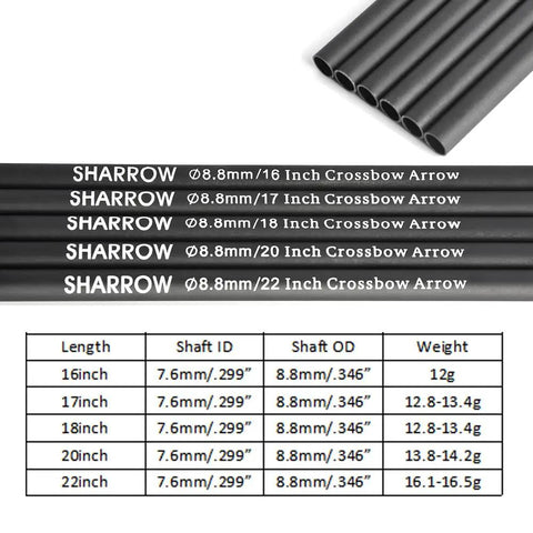 Carbon Crossbow Bolts Dope Straight Flight Shafts For DIY Arrows 16 17 18 20 22 Inch 8.8mm Outer Diameter 7.6mm Inner Diameter