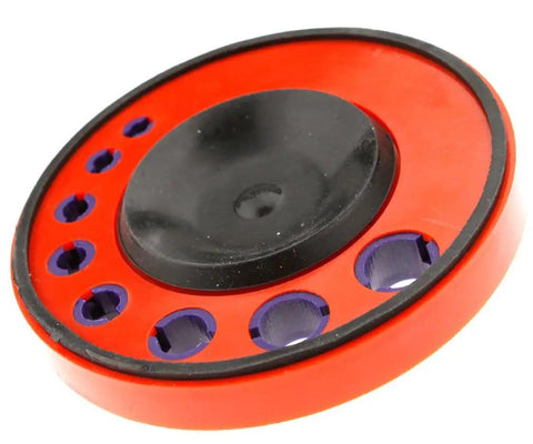 Side view of red and purple vacuum base guide attachment for Diamond Drill Bit For Tile Glass And Ceramic for tight spaces.