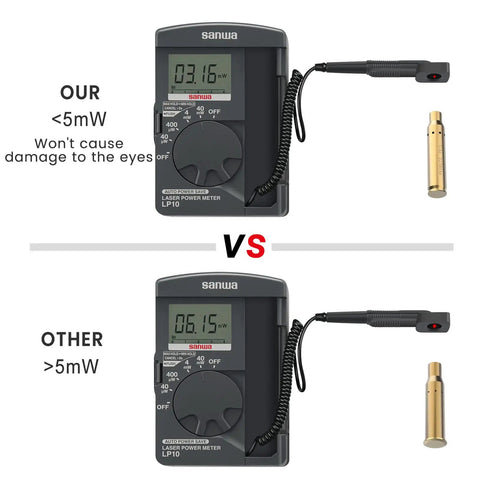 Comparison of Red Laser Bore Sighter For 223 Rem And 5.56 NATO Calibers, Brass Build, with laser power meters showing different mW readings.
