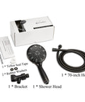 Six Spray Handheld Shower Head With High Pressure Power Rain Massage Settings Shampoo Rinse Water Saving Mode Oil Rubbed Bronze Finish Brass Swivel Bracket Extra Long Stainless Steel Hose Five Inch Head in packaging with accessories.