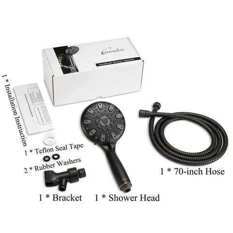 Six Spray Handheld Shower Head With High Pressure Power Rain Massage Settings Shampoo Rinse Water Saving Mode Oil Rubbed Bronze Finish Brass Swivel Bracket Extra Long Stainless Steel Hose Five Inch Head in packaging with accessories.