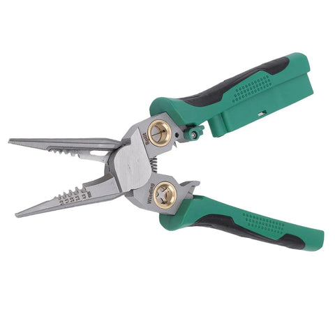 Top Shelf Electrician Wire Stripper And Crimping Pliers With Built In Voltage Tester, heavy duty multitool with ergonomic grips.