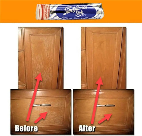 Before and after comparison of wood surface repair using the Legit Wooden Scratch Eraser Stick for quick touch ups.