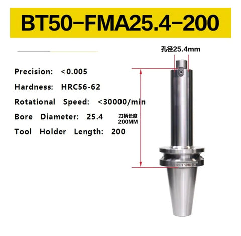 BT50 Rugged CNC Milling Tool Holder Built Like A Tank For Heavy Milling And Grinding With Seamless Vibration Control and specifications shown.