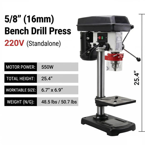 Image of a Heavy Duty Benchtop Drill Press With Five Eighth Inch Chuck And 220 Volt Copper Motor, 25.4 inch height.
