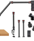 Overhead Camera Mount Desk Stand With 3 Section Detachable Arm And 360 Degree Ball Head holding DSLR, parts displayed