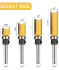 Smooth Operator 4 Piece 1/4 Inch Shank Flush Trim Router Bit Set With Bottom Bearings And Quick Swap Blades, size measurements displayed.