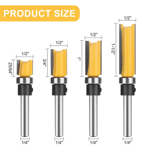 Smooth Operator 4 Piece 1/4 Inch Shank Flush Trim Router Bit Set With Bottom Bearings And Quick Swap Blades, size measurements displayed.