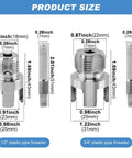 2 Pack Pipe Threading Tool For Internal And External Threads Dual End One Half Inch And Three Quarter Inch NPT Dies For PPR PVC MPP Pipes With Hex Shank For Power Drills And Inside Pipe Cutter DIY Friendly Silver product size display.