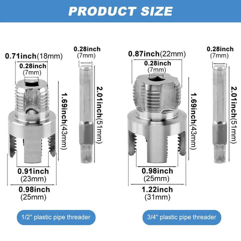 2 Pack Pipe Threading Tool For Internal And External Threads Dual End One Half Inch And Three Quarter Inch NPT Dies For PPR PVC MPP Pipes With Hex Shank For Power Drills And Inside Pipe Cutter DIY Friendly Silver product size display.