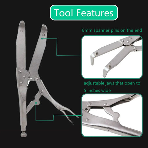 Universal Motorcycle Clutch Flywheel Holding Tool Engine Repair Fixture featuring adjustable jaws and 8mm spanner pins.