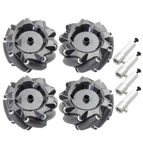 Set of four 96mm high-hardness plastic Mecanum wheels for omni-directional movement with 6mm hubs and mounting adapters.